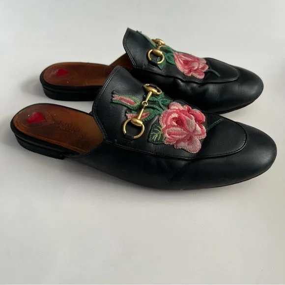 Gucci Princetown Horsebit Rose Embroidered Leather Mules