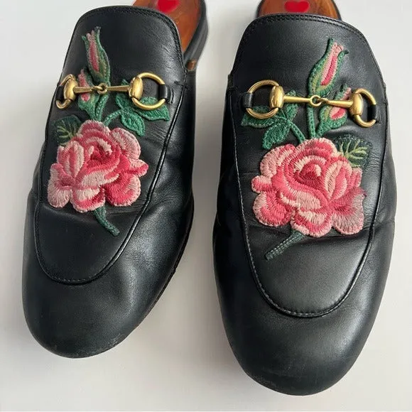 Gucci Princetown Horsebit Rose Embroidered Leather Mules