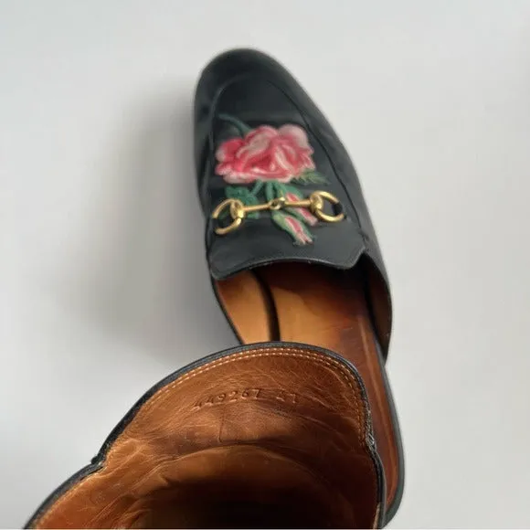 Gucci Princetown Horsebit Rose Embroidered Leather Mules