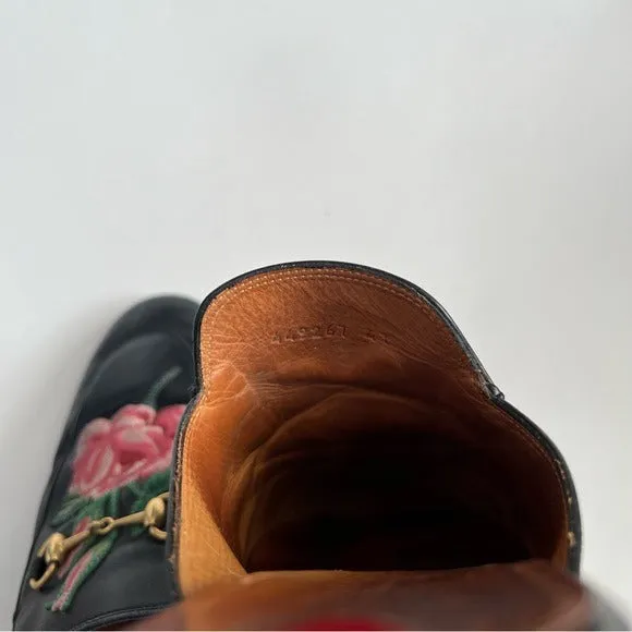 Gucci Princetown Horsebit Rose Embroidered Leather Mules