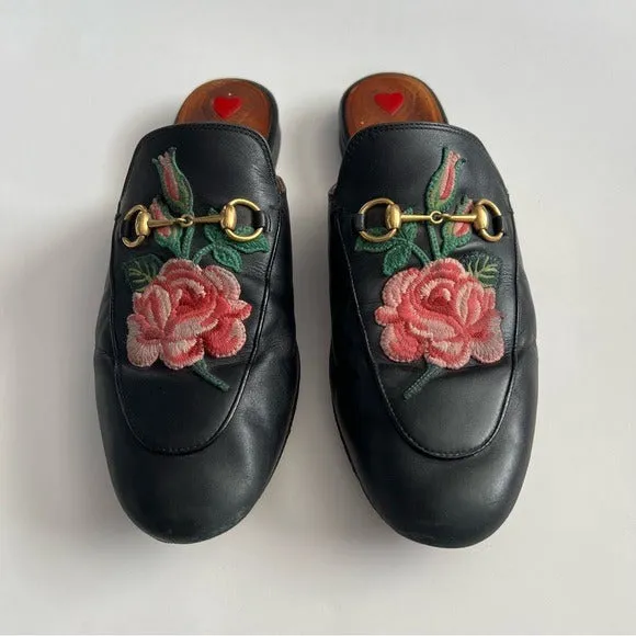 Gucci Princetown Horsebit Rose Embroidered Leather Mules