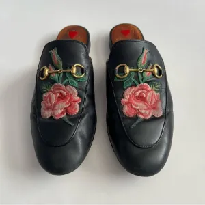 Gucci Princetown Horsebit Rose Embroidered Leather Mules