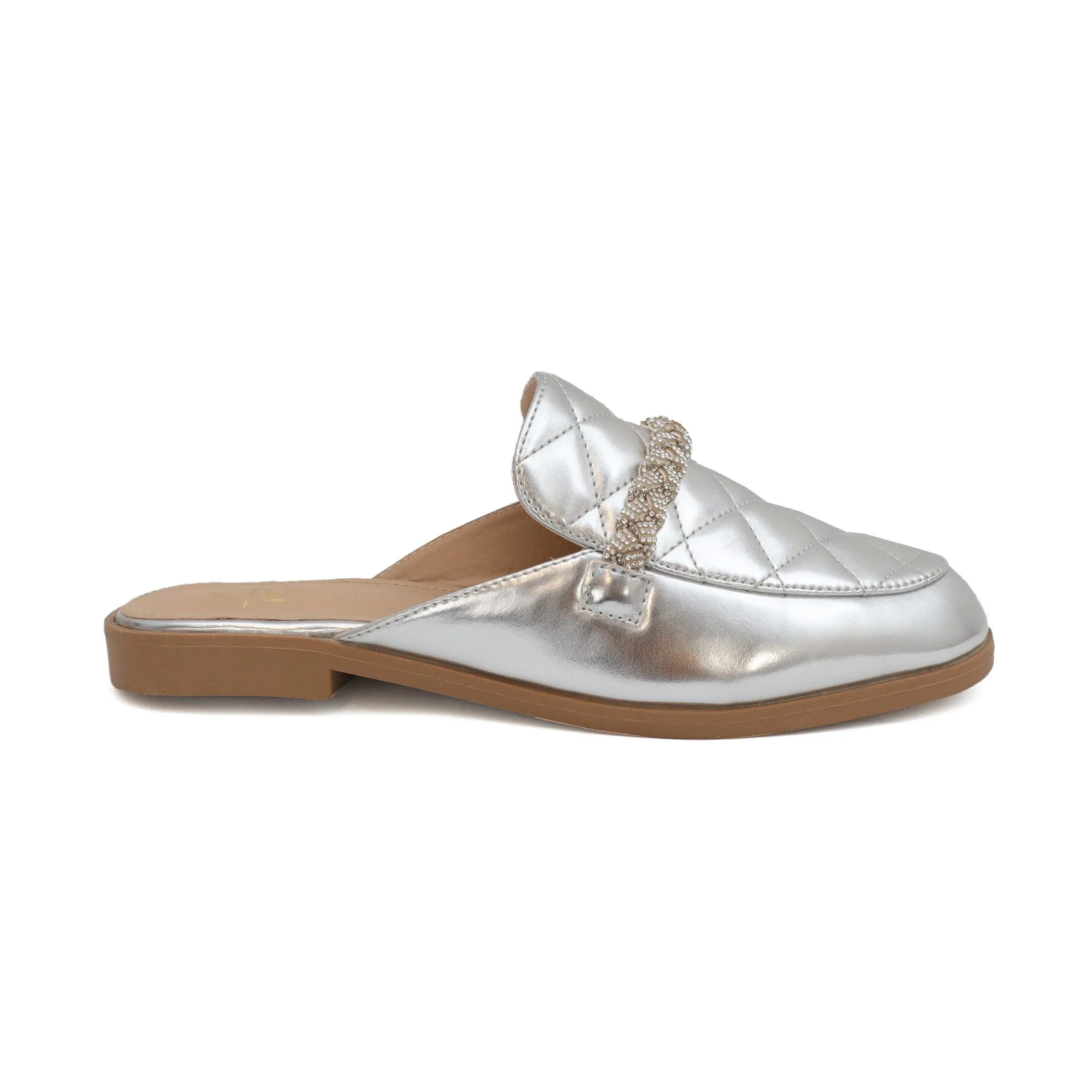 JACEY-06 Women's Quilted Mules With Braided Stones