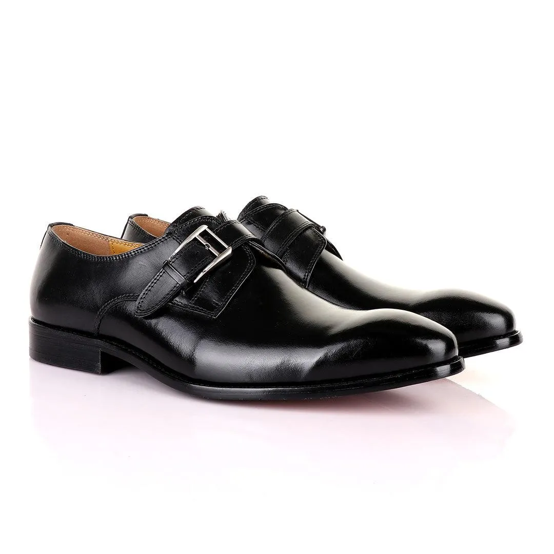 John Mendson Single Strap Buckle Plain Leather Black Shoe