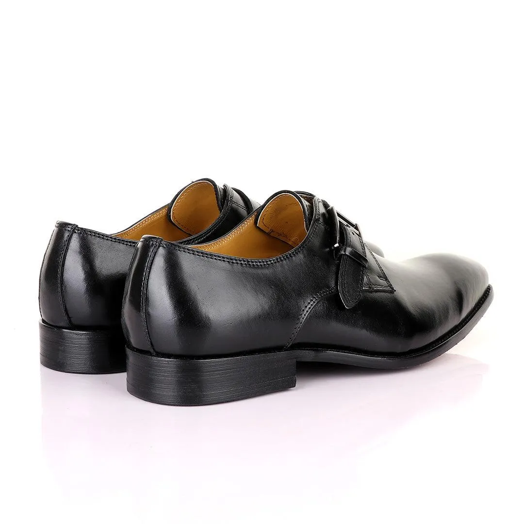 John Mendson Single Strap Buckle Plain Leather Black Shoe