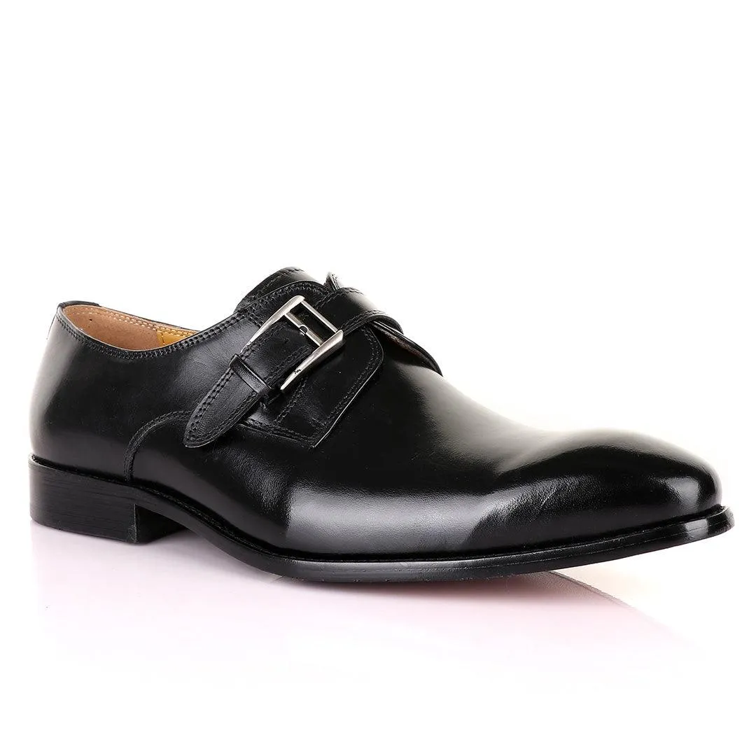 John Mendson Single Strap Buckle Plain Leather Black Shoe