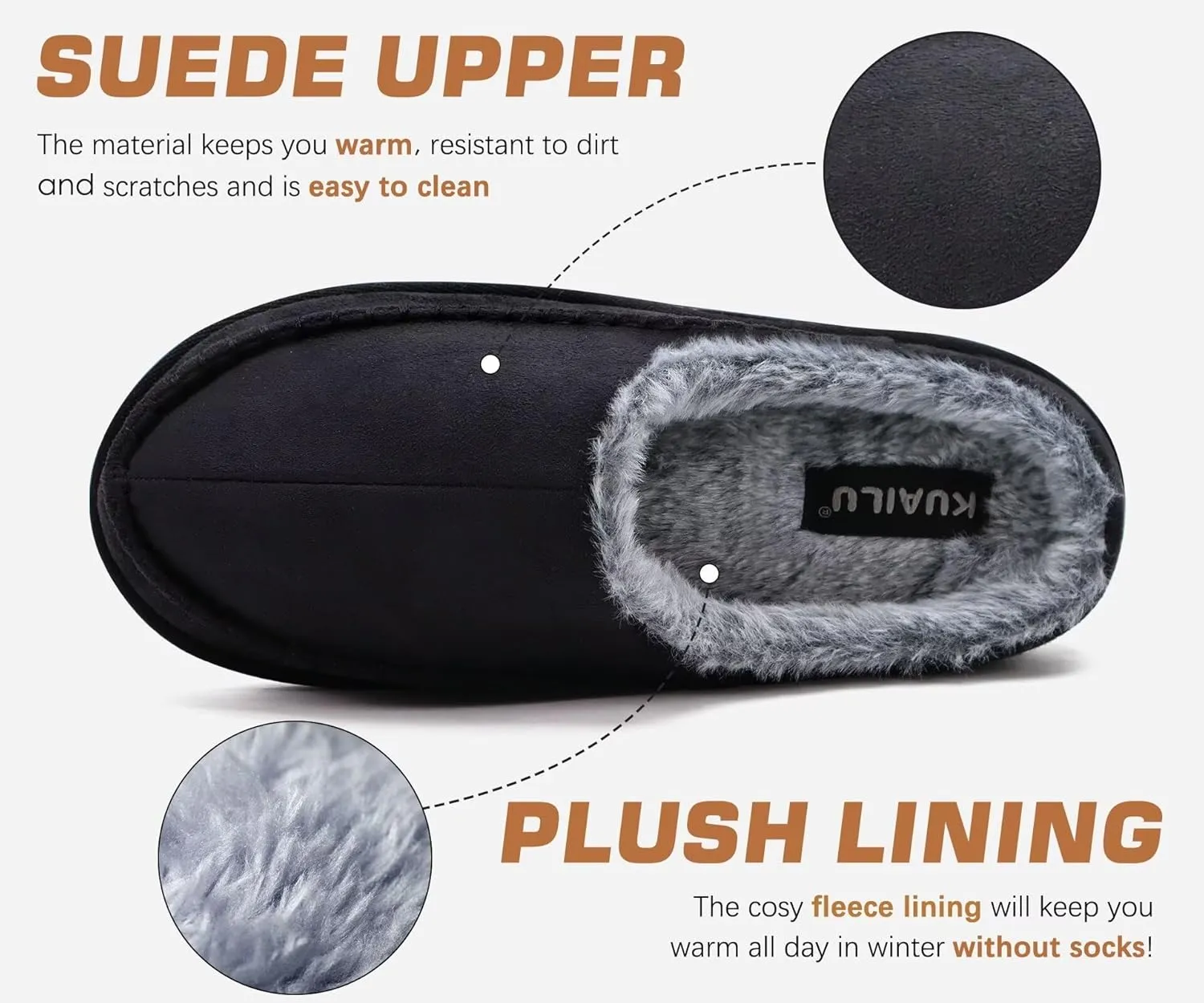 KuaiLu Mens Clog Slippers with Arch Support Suede Faux Fur Memory Foam Warm House Shoes Comfortable Slip-on Mans Bedroom Indoor Outdoor Slippers Rubber Sole Size 7-16