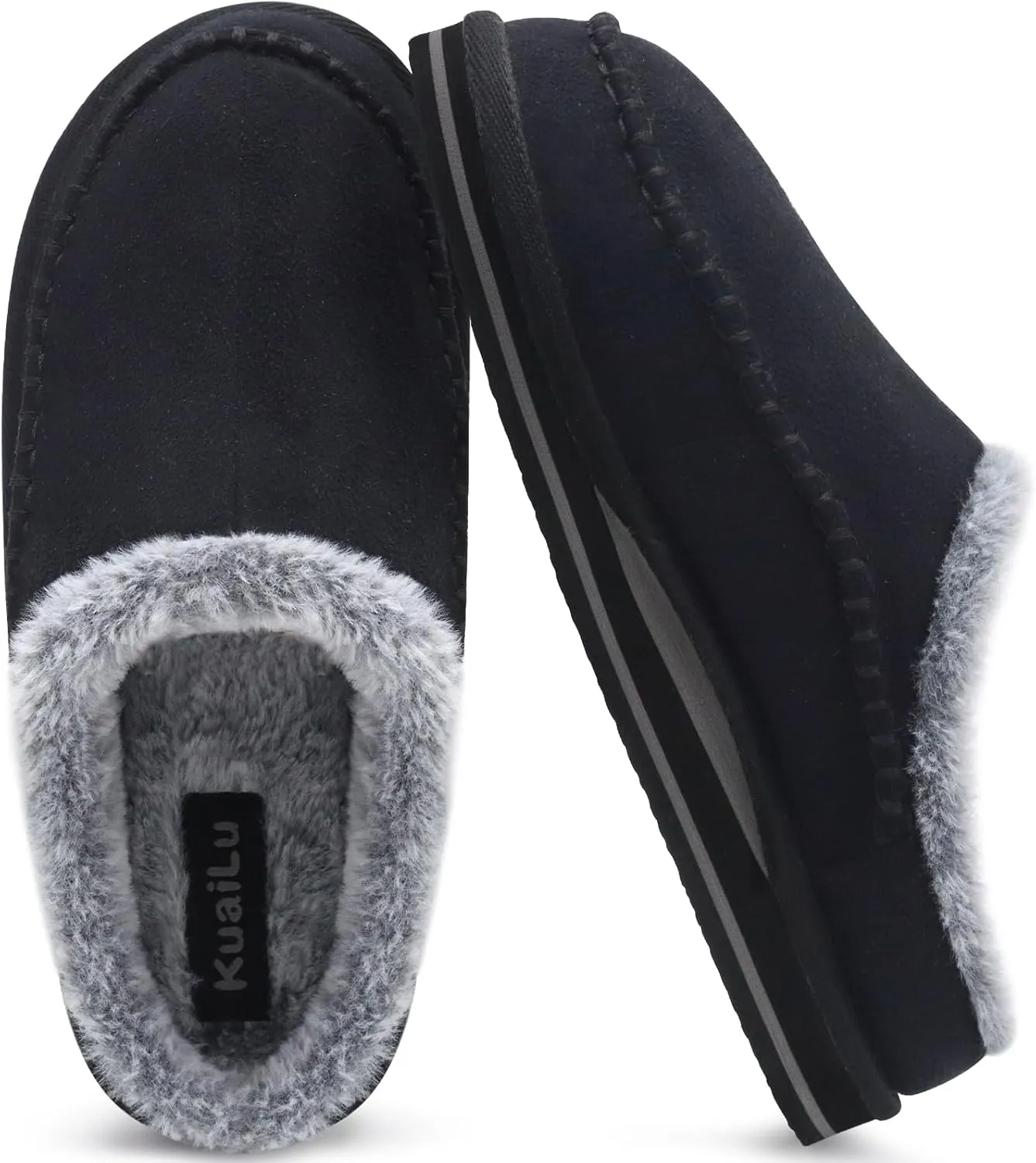 KuaiLu Mens Clog Slippers with Arch Support Suede Faux Fur Memory Foam Warm House Shoes Comfortable Slip-on Mans Bedroom Indoor Outdoor Slippers Rubber Sole Size 7-16