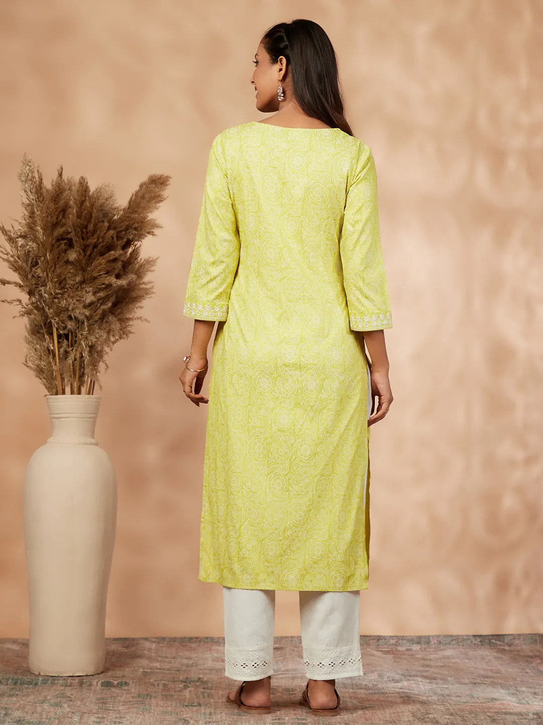 Lime Green Printed Straight Kurta
