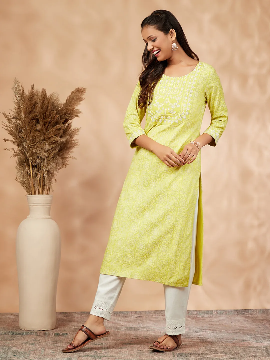 Lime Green Printed Straight Kurta