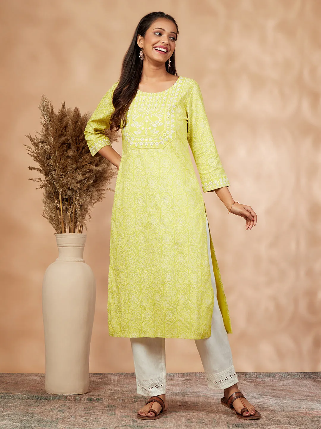 Lime Green Printed Straight Kurta