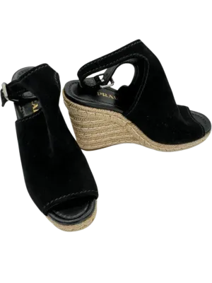 *NEW* Prada Black Suede Open Toe Espadrille Slingback Wedges