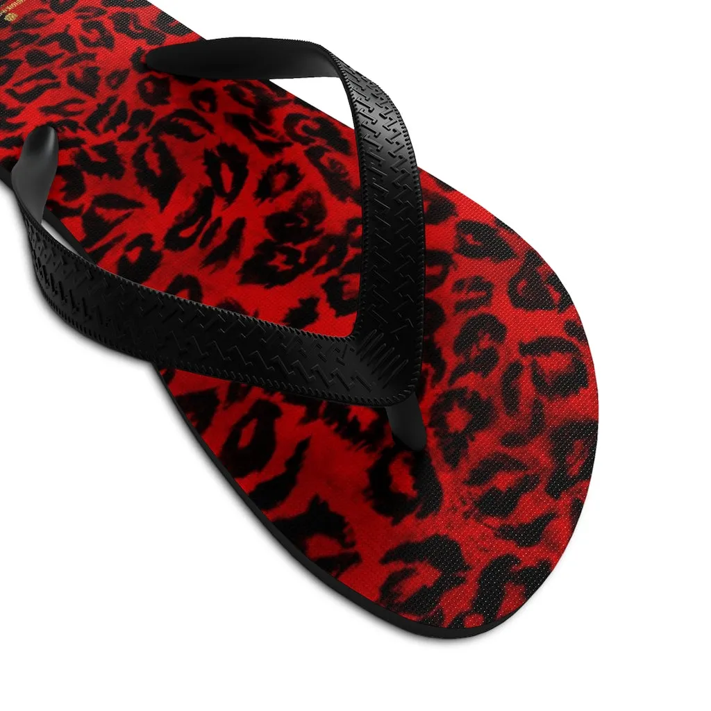 Red Leopard Flip Flops, Animal Print Unisex Flip-Flops Sandals For Men or Women - Made in USA