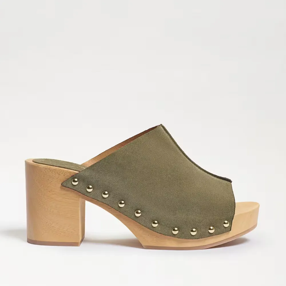 Sam Edelman Bardot Mineral Green Block Heel Open Toe Slip On Fashion Suede Mules