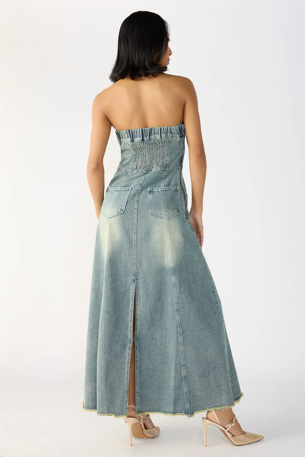 Steel Blue Panelled Denim Dress