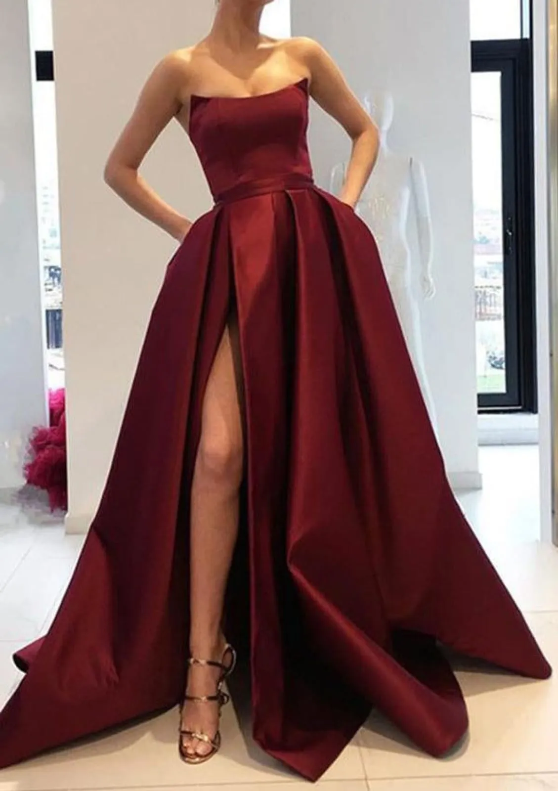 Strapless High Slit Pink Satin Formal Gown Prom Dress, Pockets