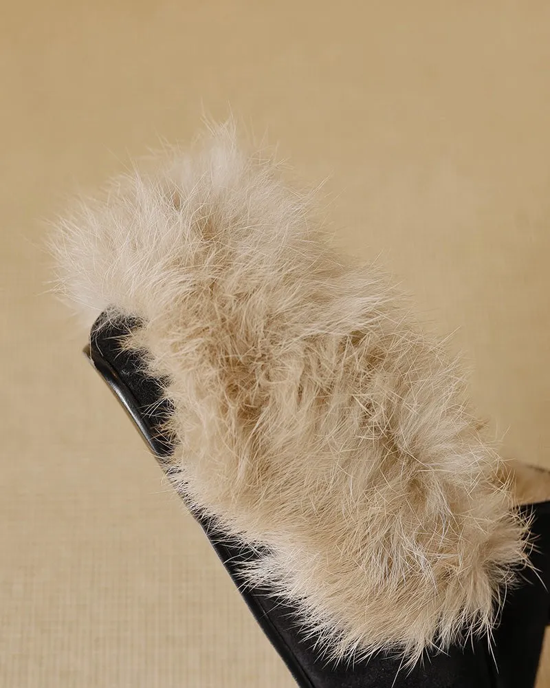Suede and Rabbit Fur Round-toe Mules