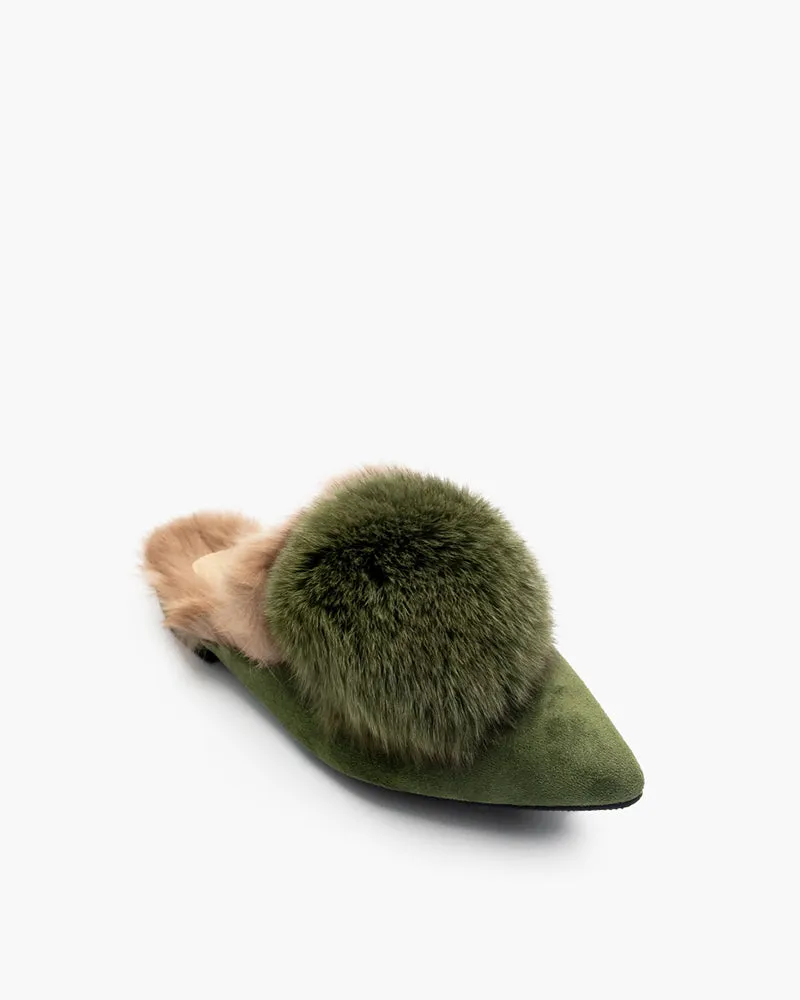 Suede Pointed Toe Backless Pompom Slippers Mules