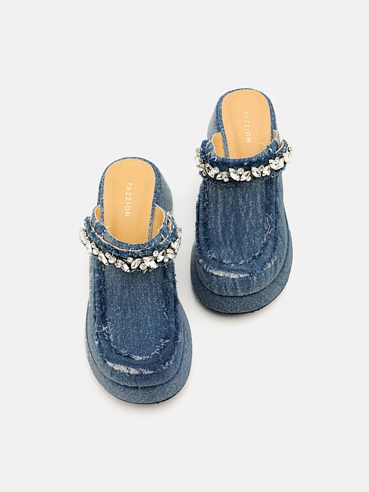 Tara Diamante Denim Platform Mules