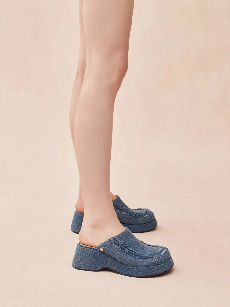 Tara Diamante Denim Platform Mules