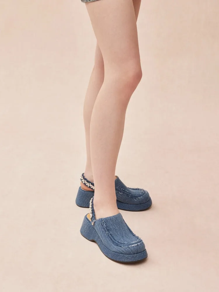Tara Diamante Denim Platform Mules