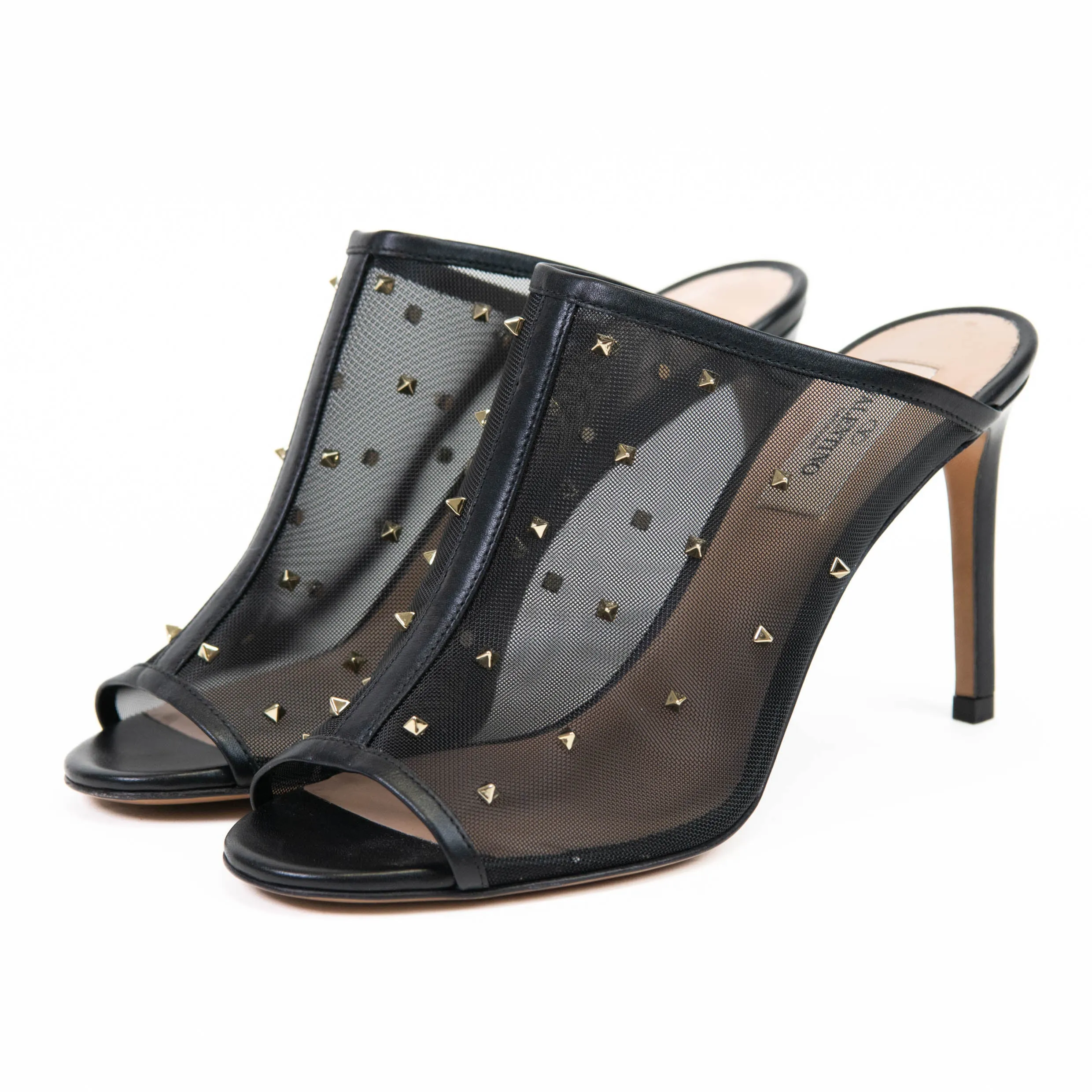 Valentino Black Mesh/Leather Studded 90mm Mule Heels 36