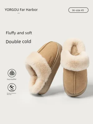 Velvet Winter Home Cotton Slippers – Cozy PU Leather Slippers with EVA Sole for Comfort and Warmth