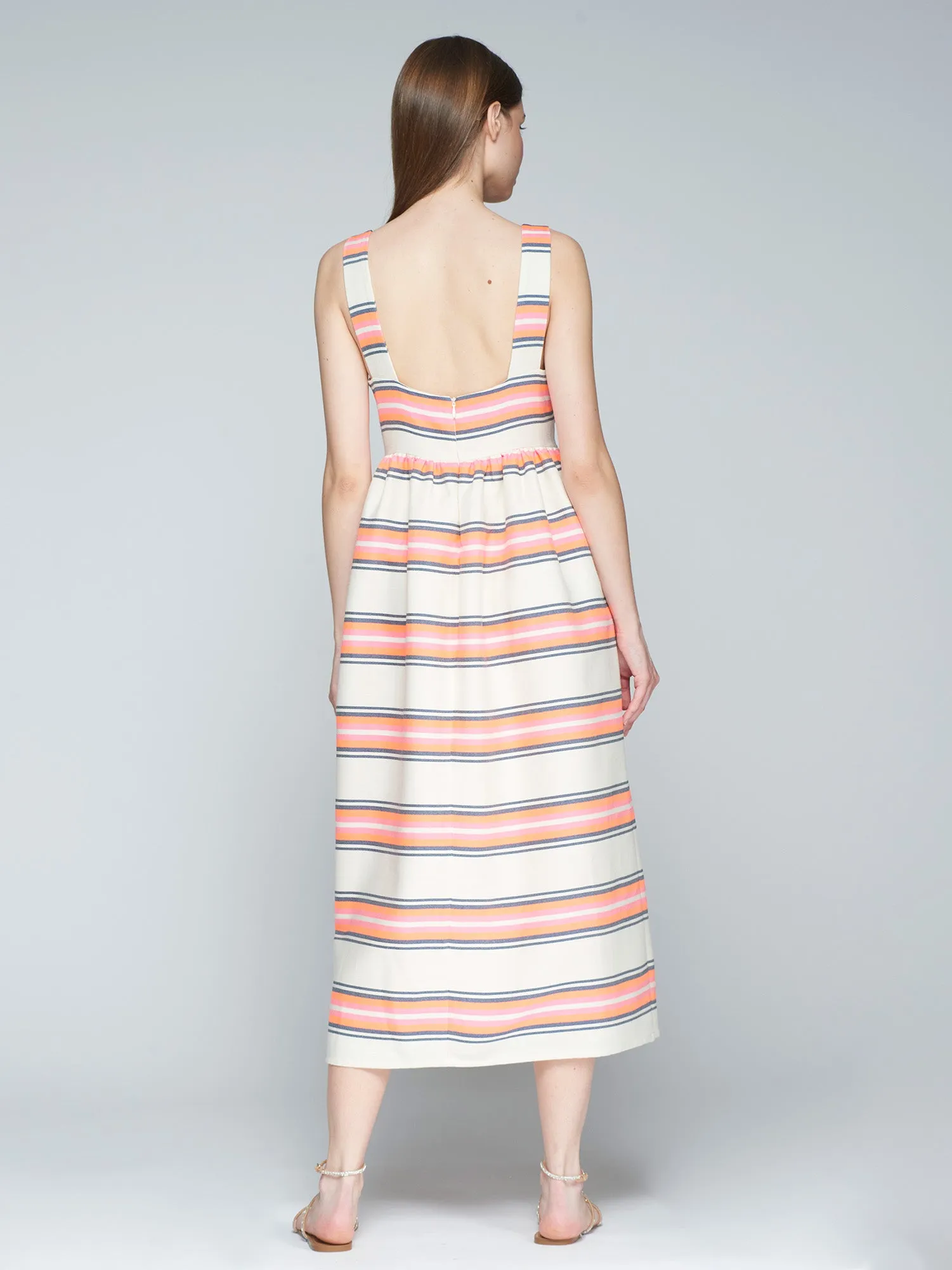 Vilagallo Cream/Peach Sleeveless Stripe Print Midi Dress