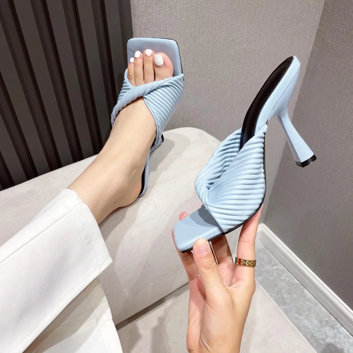Women twist square peep toe slip on stiletto heels