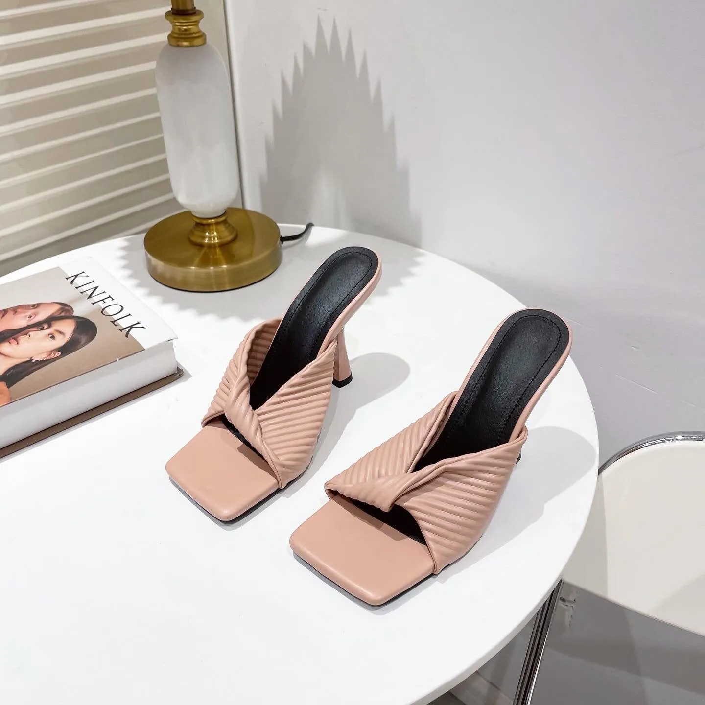 Women twist square peep toe slip on stiletto heels