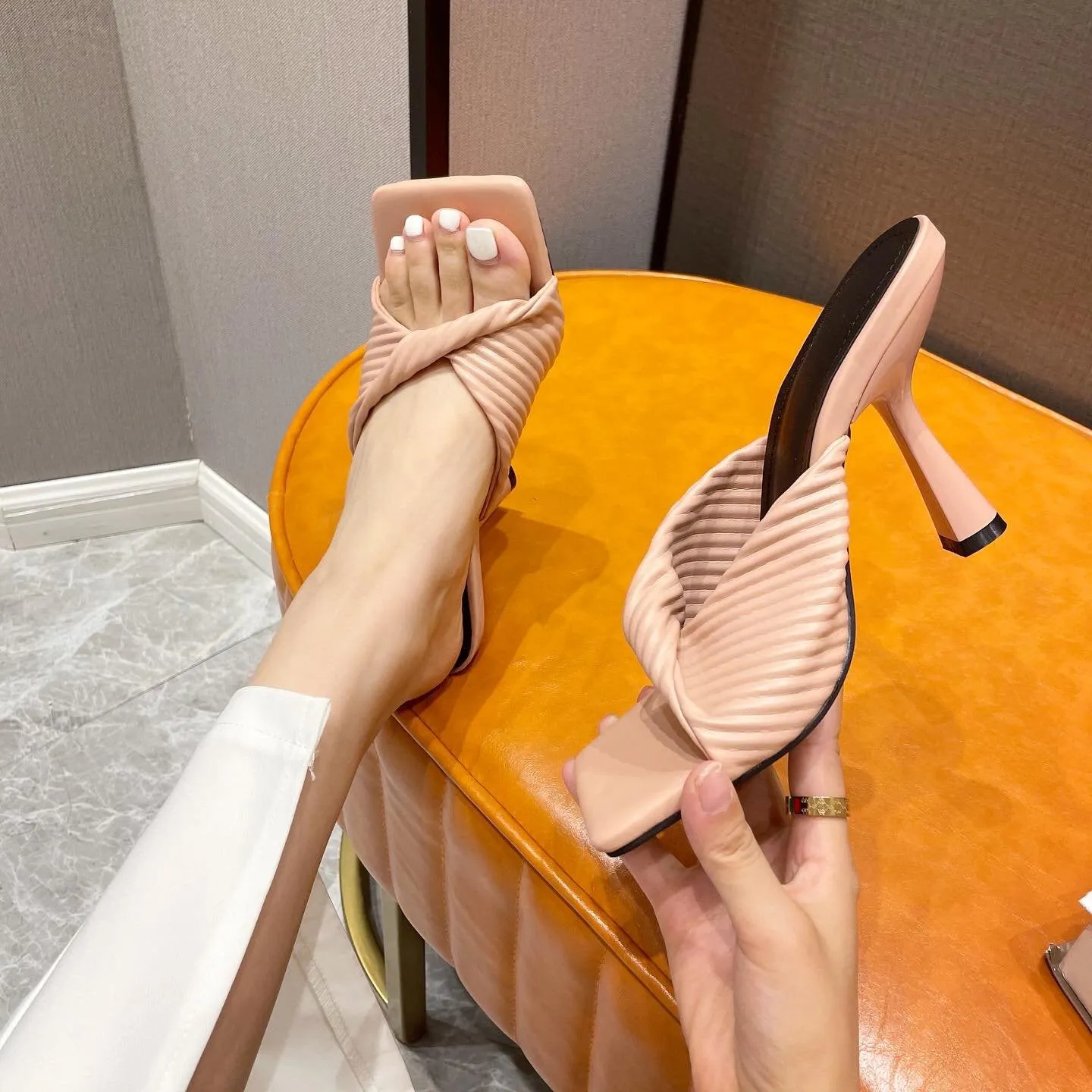 Women twist square peep toe slip on stiletto heels