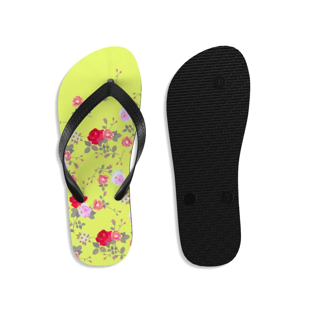 Yellow Red Floral Flip Flops, Rose Print Unisex Flip-Flops Women's Floral Sandals- Printed in USA