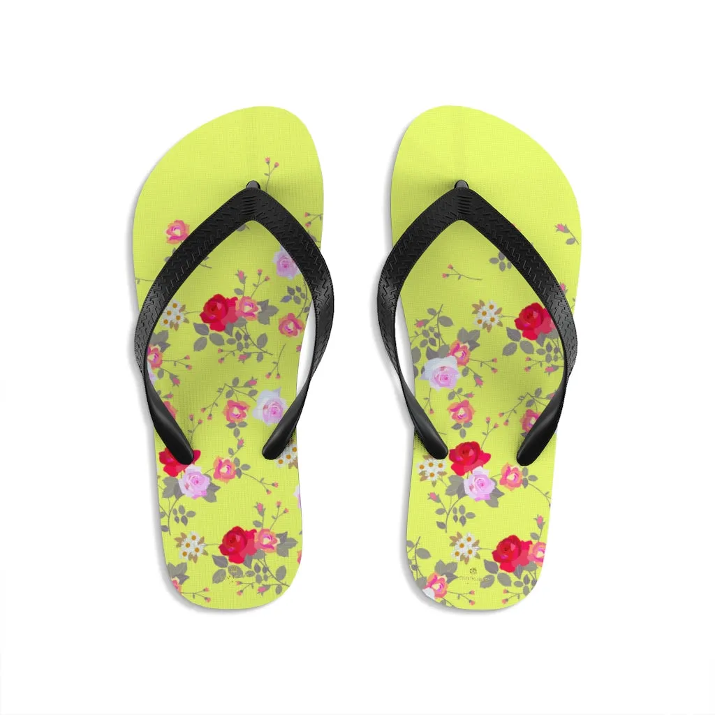 Yellow Red Floral Flip Flops, Rose Print Unisex Flip-Flops Women's Floral Sandals- Printed in USA