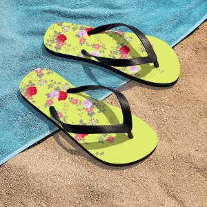 Yellow Red Floral Flip Flops, Rose Print Unisex Flip-Flops Women's Floral Sandals- Printed in USA