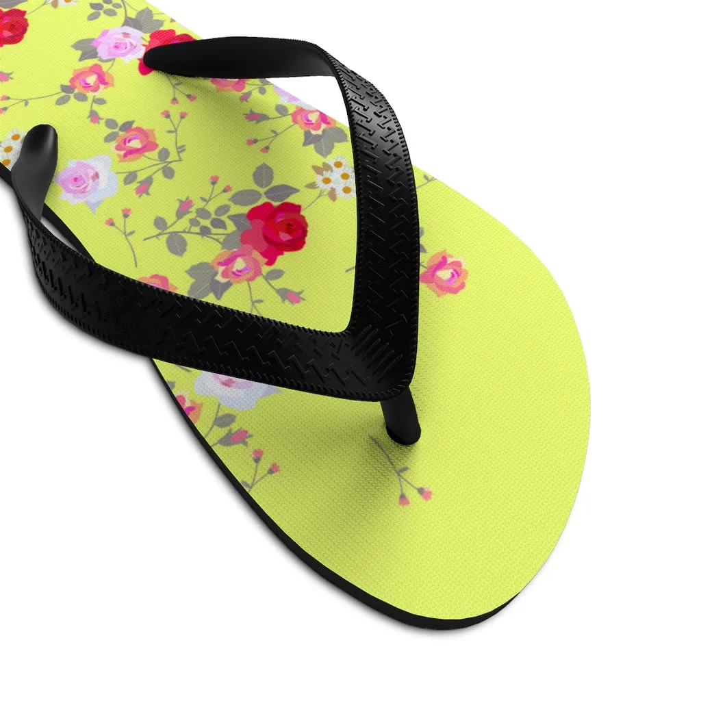 Yellow Red Floral Flip Flops, Rose Print Unisex Flip-Flops Women's Floral Sandals- Printed in USA